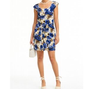 Banana‎ Republic Women's Silk Blue Floral Cap Sleeve Sheath Dress- Size 12